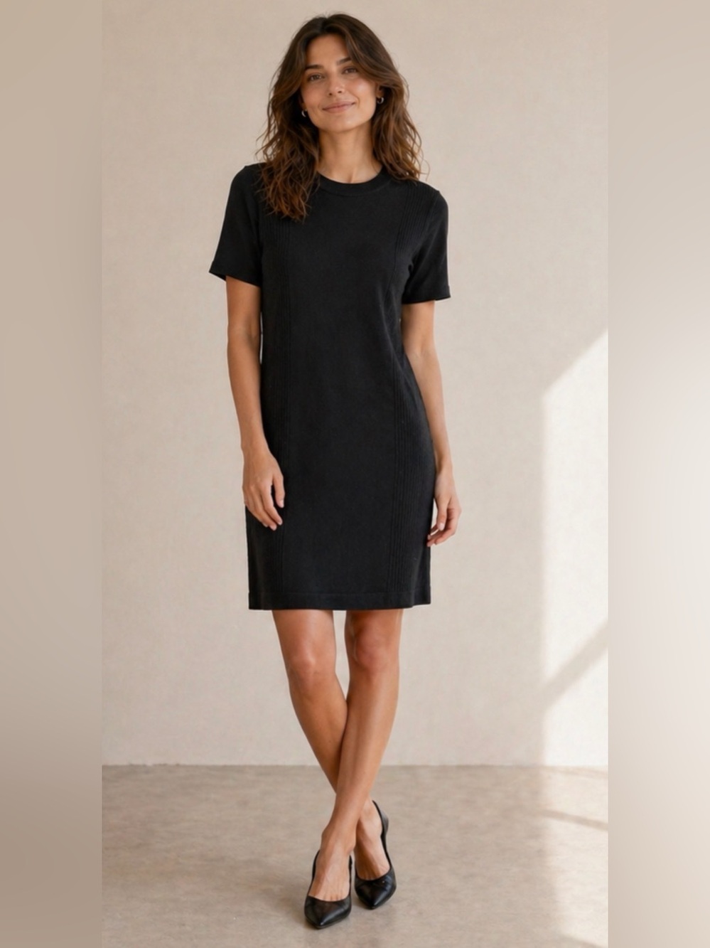 Steven Alan Black Merino Wool Knit Dress Short Sleeve Minimalist Ribbed Size M